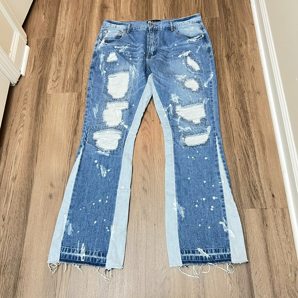 Filthy‎ Wealth Flare Jeans Distressed Light Wash Denim Size 36 Raw Hem